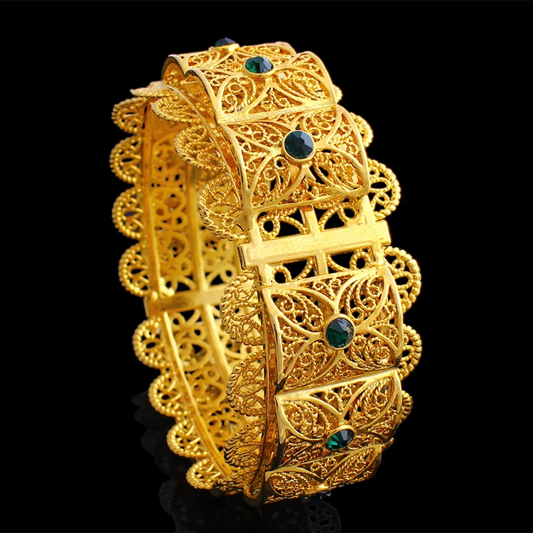 New Big Wide Bangle Gold Color Dubai African Jewelry Bracelet Red / Blue / Green Zircon Arabic Middle Eastern Style for Women