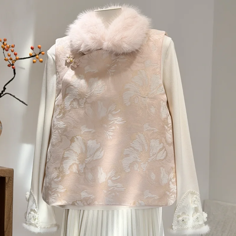 Elegant Lady Autumn Winter Coat Jacquard Detachable Fur Collar Jacket Patch Work Long Sleeve Chinese Clothes Vintage Button Tops