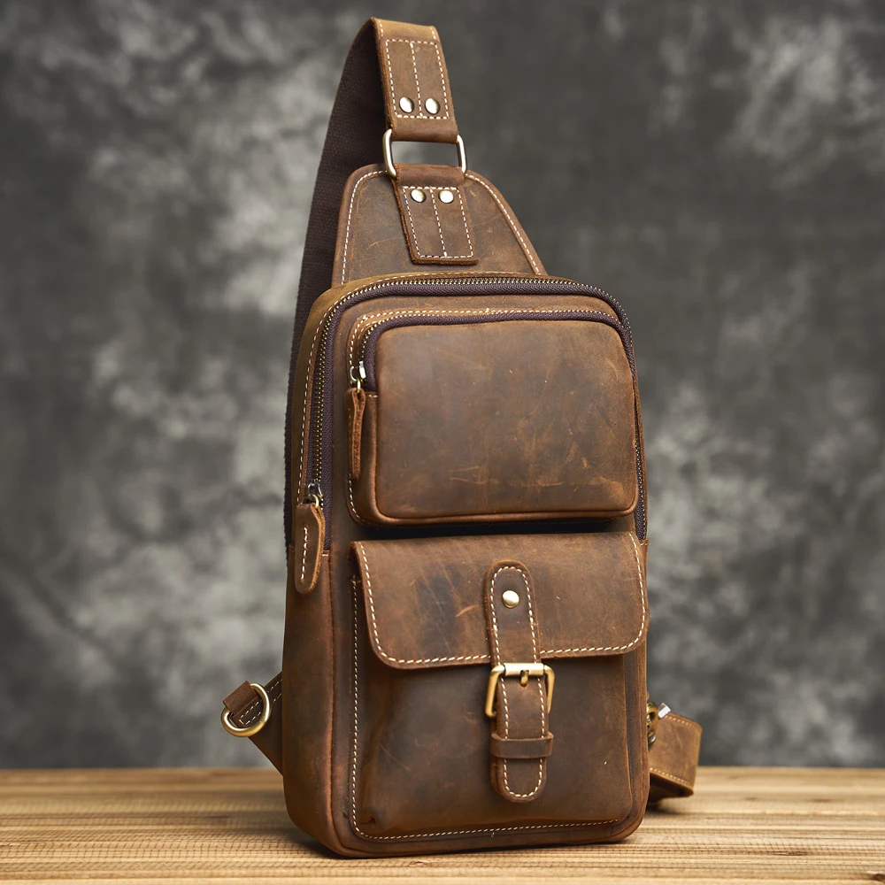 Genuine Leather Men\'s Leather Chest Bag Vintage Sling Bag For Men,Crossbody Shoulder Bag Casual Small Backpack