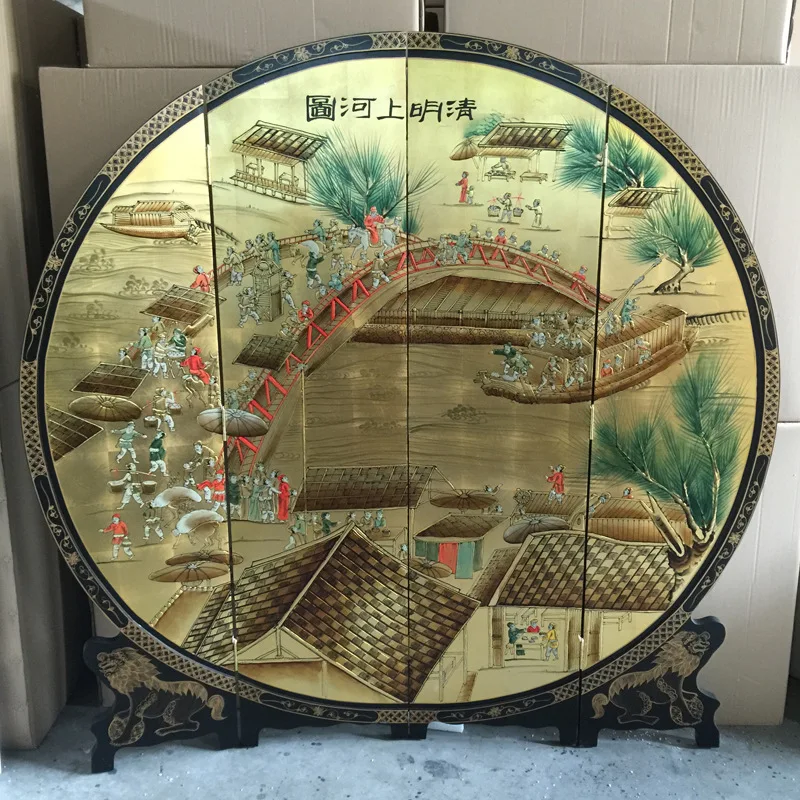 Folding screen hand-painted furniture Qingming Shanghe picture gold foil screen Chinese classical live broadcast background wall