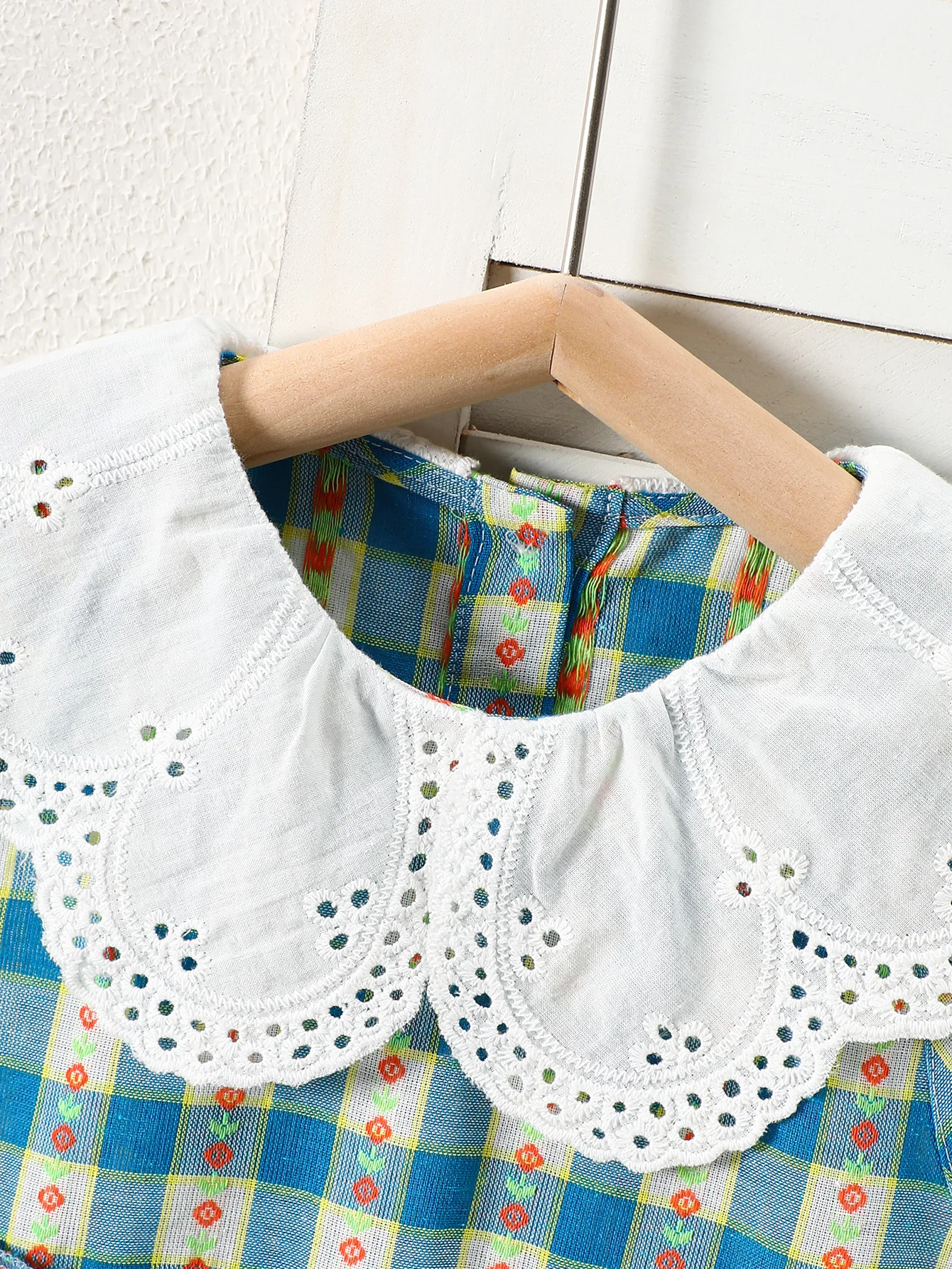 Girls' Blue Plaid Sleeveless Dress, New Summer Style Lace Large Lapel Cake Dress, Fresh and Sweet Children's Princess Dress