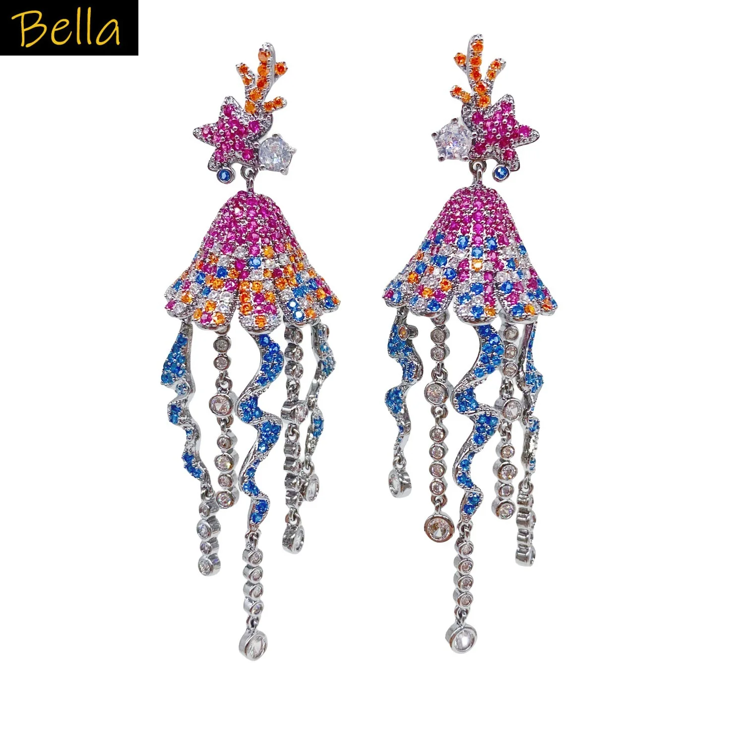 

Jellyfish Earrings Luxury Jewelry for Women Colorful Whitezirconia Long Tassel Dangling Earrings Dinner Party Jewelry