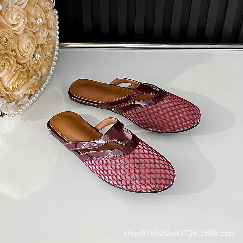 Women's Hollow Weaving Closed-Toe Slippers Fashion Breathable Fishnet Mule Shoes Casual Flat