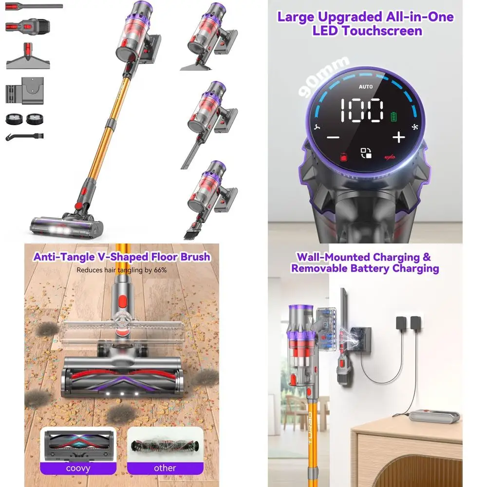 580W 50Kpa Lightweight Stick Vacuum Cleaner with 80-Minute Runtime for Pet Hair, Carpet, and Hardwood Floors - Gold