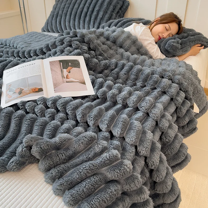 Soft Faux Rabbit Fur Flannel Throw Blanket Thick Cozy Coral Fleece Cover Blanket Multi Purpose Nap Air Conditioner Blanket