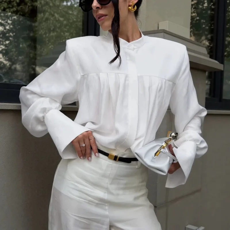 FRAYA LAB Women Elegant Pleated White Shirt Long Sleeve Round Neck Loose Fit Commute Fall 2026 New Trendy Chic Office Blouse Top