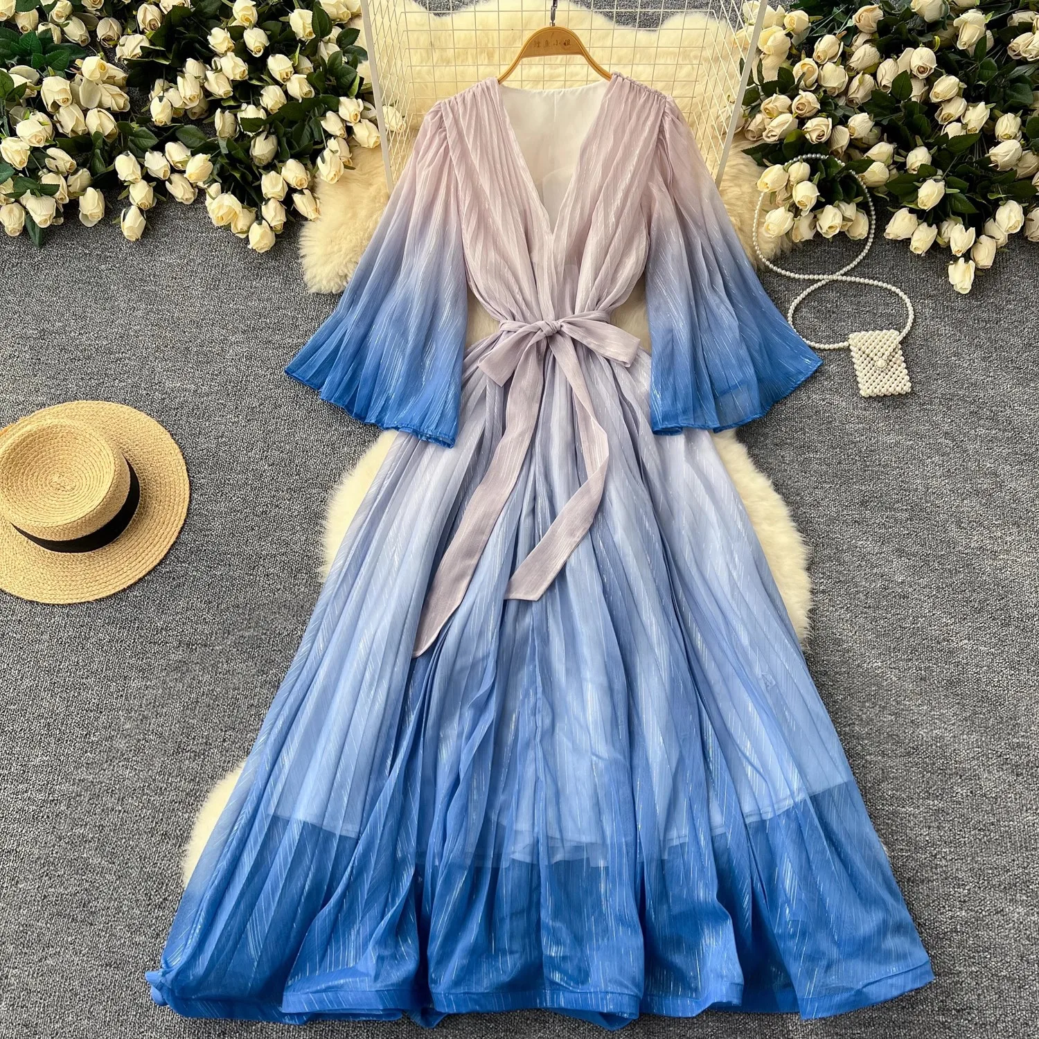 Summer Holiday Bright Silk Chiffon Ruffles Robes manica svasata con scollo a v da donna cintura di colore sfumato Lace Up Beach Party Vestidos