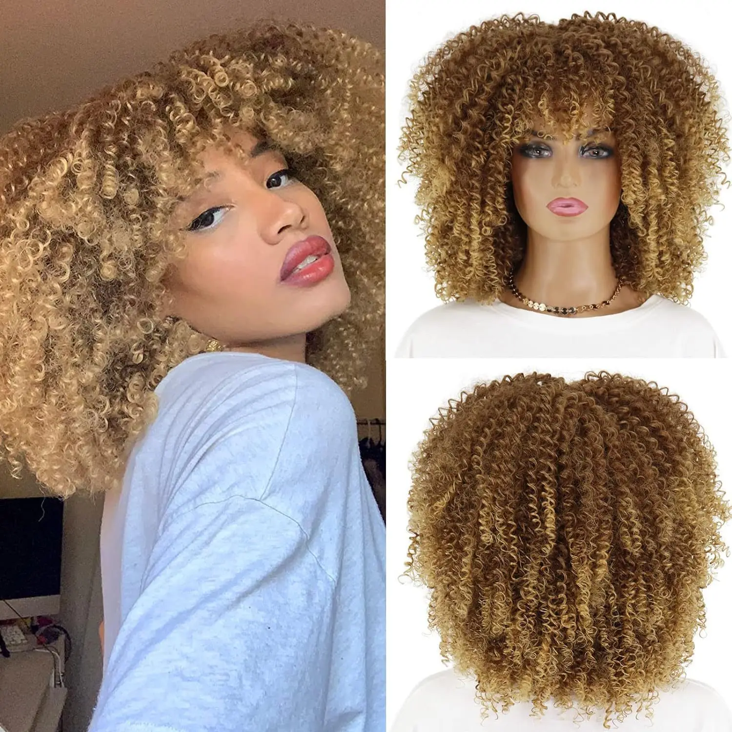 Perucas Encaracoladas para Mulheres Negras, Peruca Afro Bomb com Franja, Fibra Sintética, Sem Cola, Cabelo Longo Kinky, Preto a Marrom, 16"