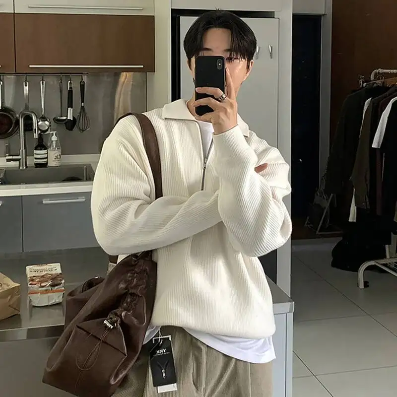 Korean Style Men's Sweaters Turn-down Collar Solid Color Casual Knitting Tops All-match Loose Male Pullovers Simple XSE4