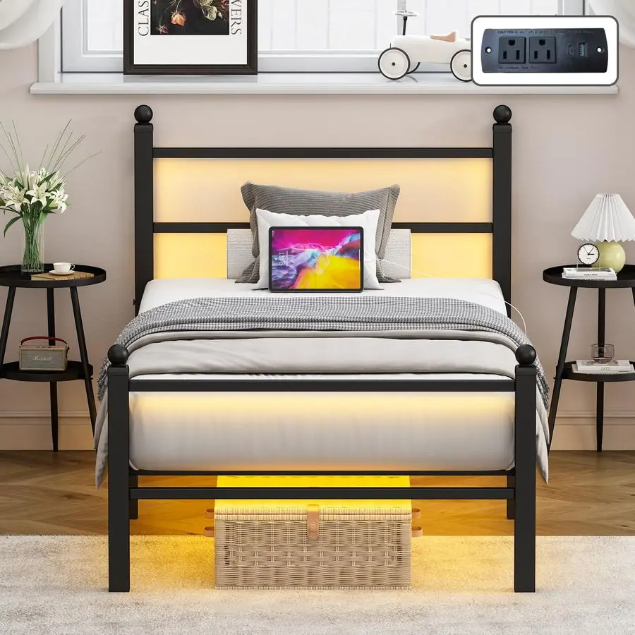 إطارات سرير مع لوح أمامي ولوح للقدمين، إطار سرير بمنصة معدنية سوداء مع أضواء LED RGB ومحطة شحن USB، تحت السرير St #1