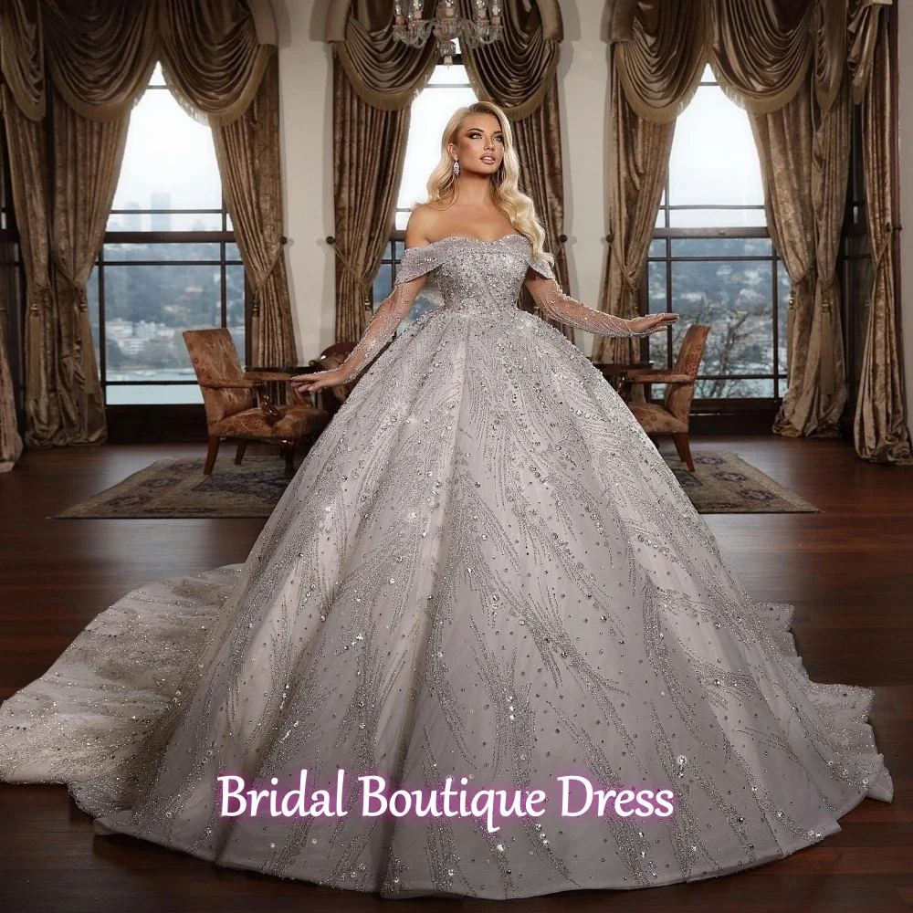Customized Shining Beaded Sweetheart  Wedding Dress With Train Charming Off The Shoulder Bridal Gown  Dresses For Bride Vestido