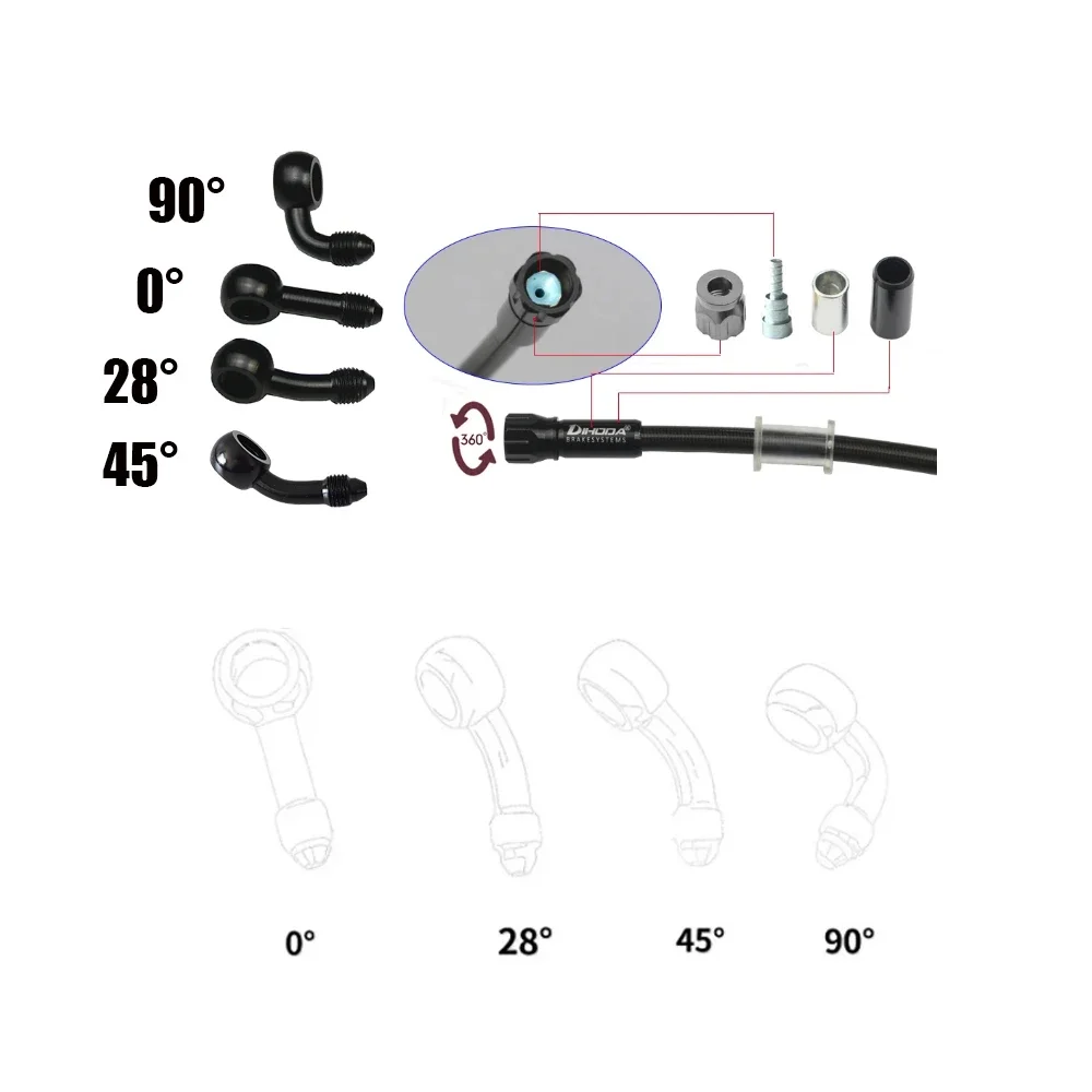 Manguera trenzada de acero inoxidable para freno de motocicleta, tubo de embrague de aceite con Banjo giratorio de 360 grados, AN3 0, 28, 45, 90 grados, M10