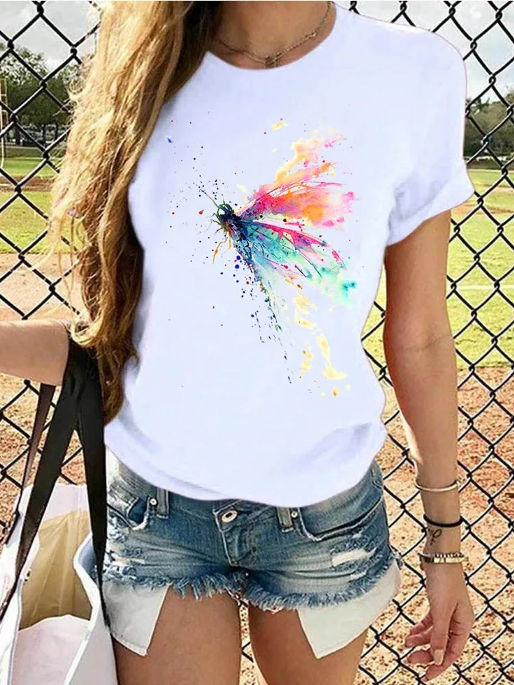 Dragonfly Print T-shirts Women Watercolor Graphic  Tees Lady Oversize Female Clothes Loose Short Sleeve Fashion T-Shirt Y2k Tops