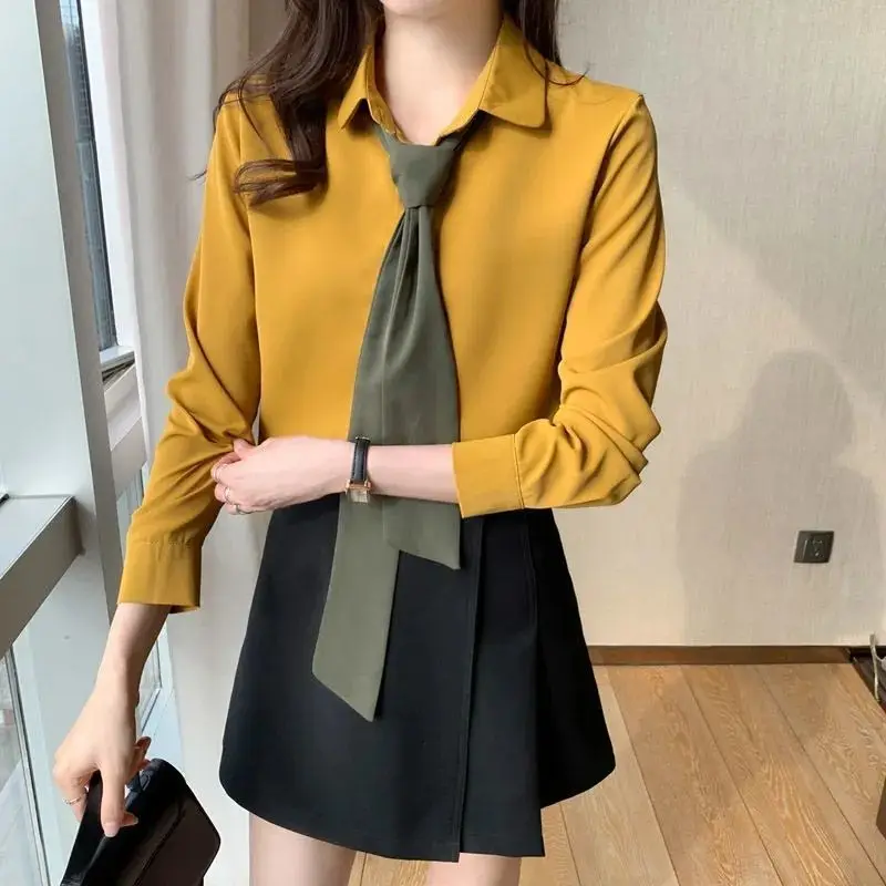 Fashion Solid Color Spliced Button Lace Up Bow Shirts Female Clothing 2023 Autumn Winter Loose Korean Tops Office Lady Blouses