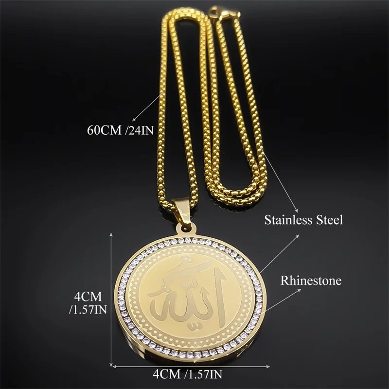 Arabic Quran Allah Medal Necklace for Women Men Rhinestone Stainless Steel Gold Color Islam Muslim Chain Jewelry collar NZZZ490