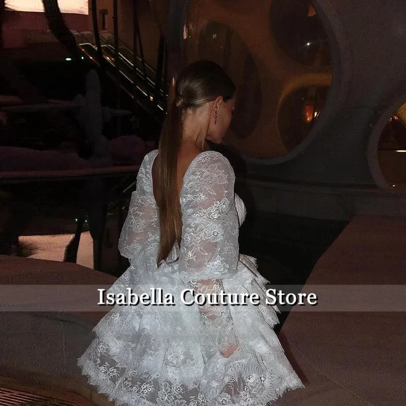 Trendy Square Neck Puff Long Sleeve Lace Short Wedding Dress Sweetheart Tiered A Line Bridal Gown Customize For Bridal Party