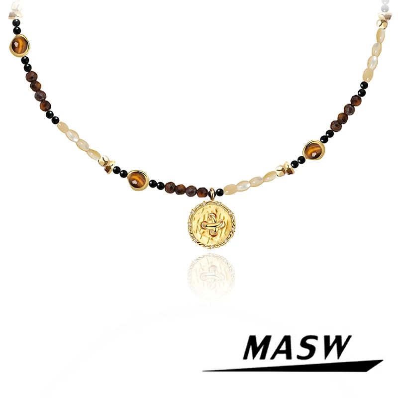 

MASW Original Design Vintage Temperament One Layer Beads Tiger Eye Stones Necklace For Women Female Gift Modern Jewelry