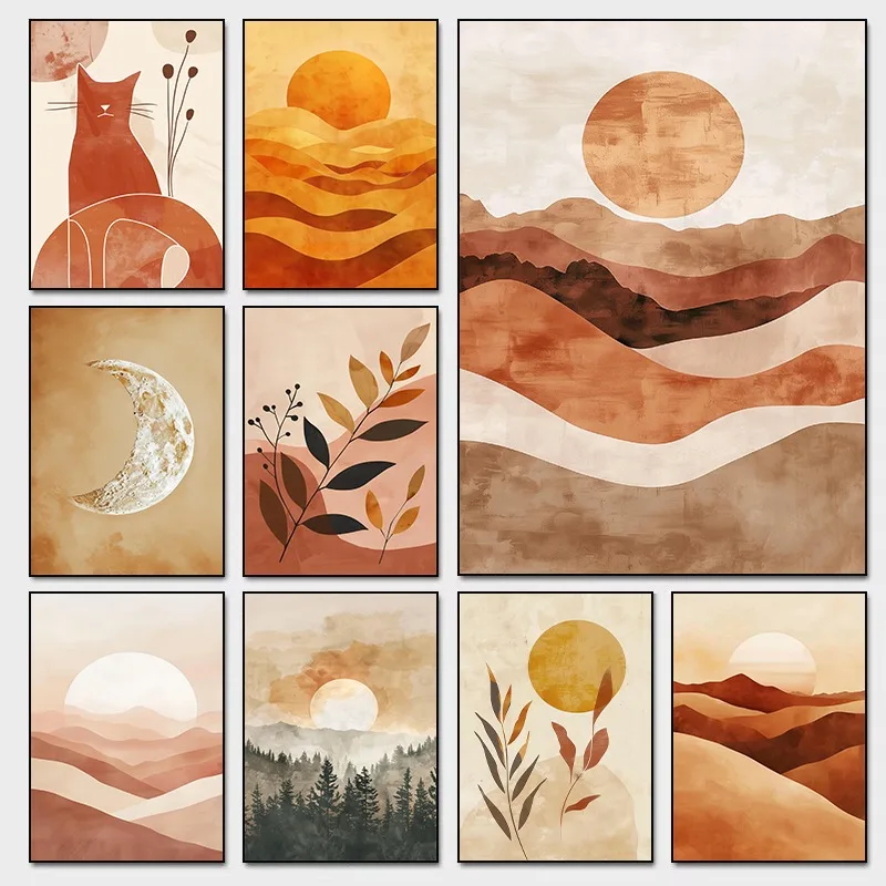 1 Stück Minimalistischer Boho Neutraler Natur-Wandkunstdruck Abstrakte Landschaft Ozean Wald Berg Botanik Sonnenaufgang Sonnenuntergang Dekor