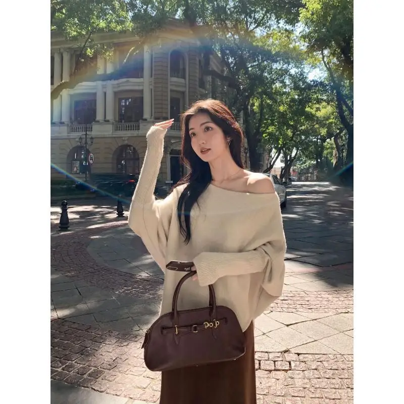 

Irregular Off Shoulder Knit Tops Women Batwing Sleeve Asymmetrical Neckline Sweater Casual Fashion Cute Kawaii Pullover
