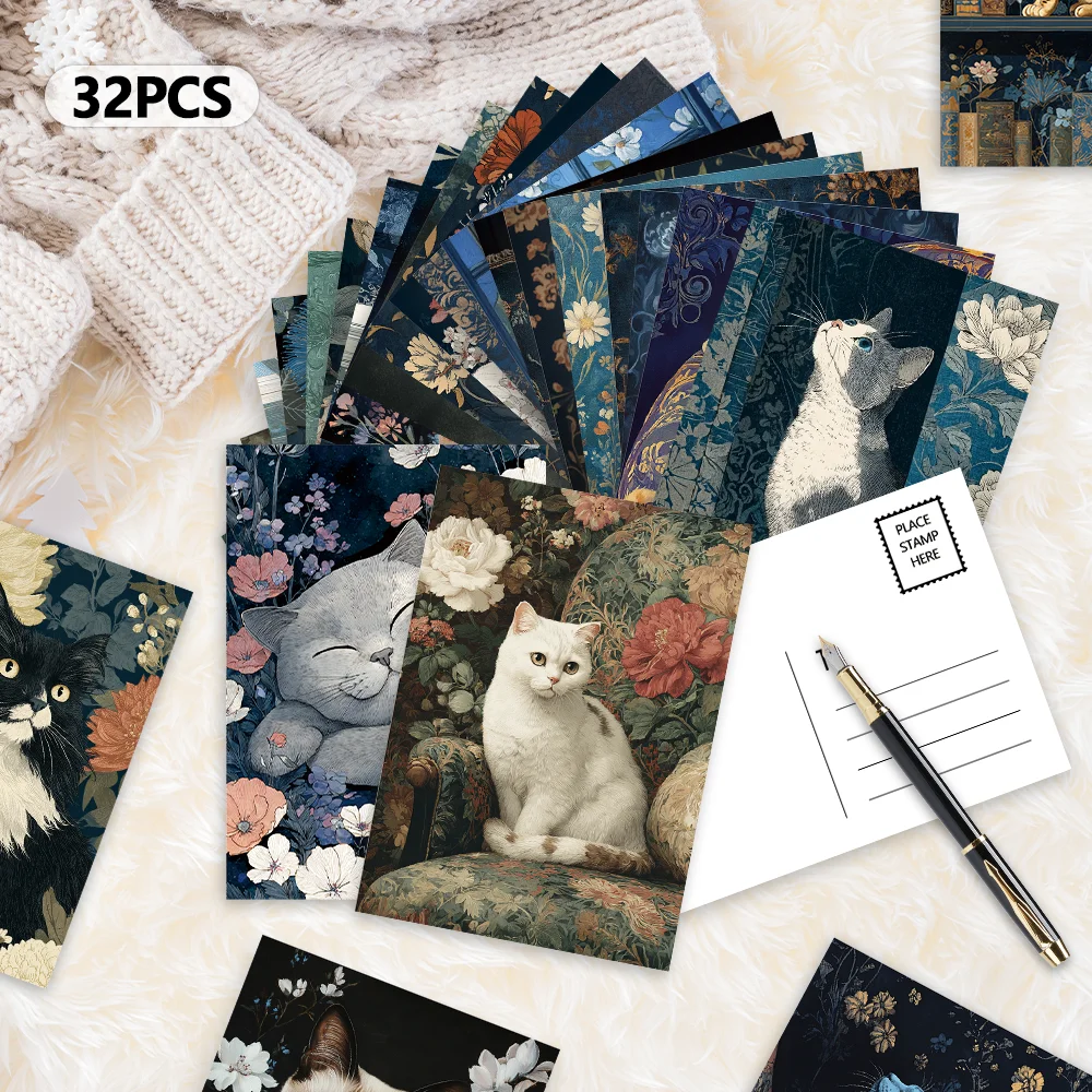 32 Stück Vintage-Katzenpostkarten, Neujahrsgeschenk, Weihnachtsgeschenke, Wohnzimmerdekoration, Schlafzimmerdekoration, dicker Karton, hohe Auflösung