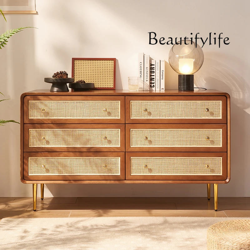 

Nordic solid wood rattan three-bucket cabinet B & B modern simple household drawer storage cabinet