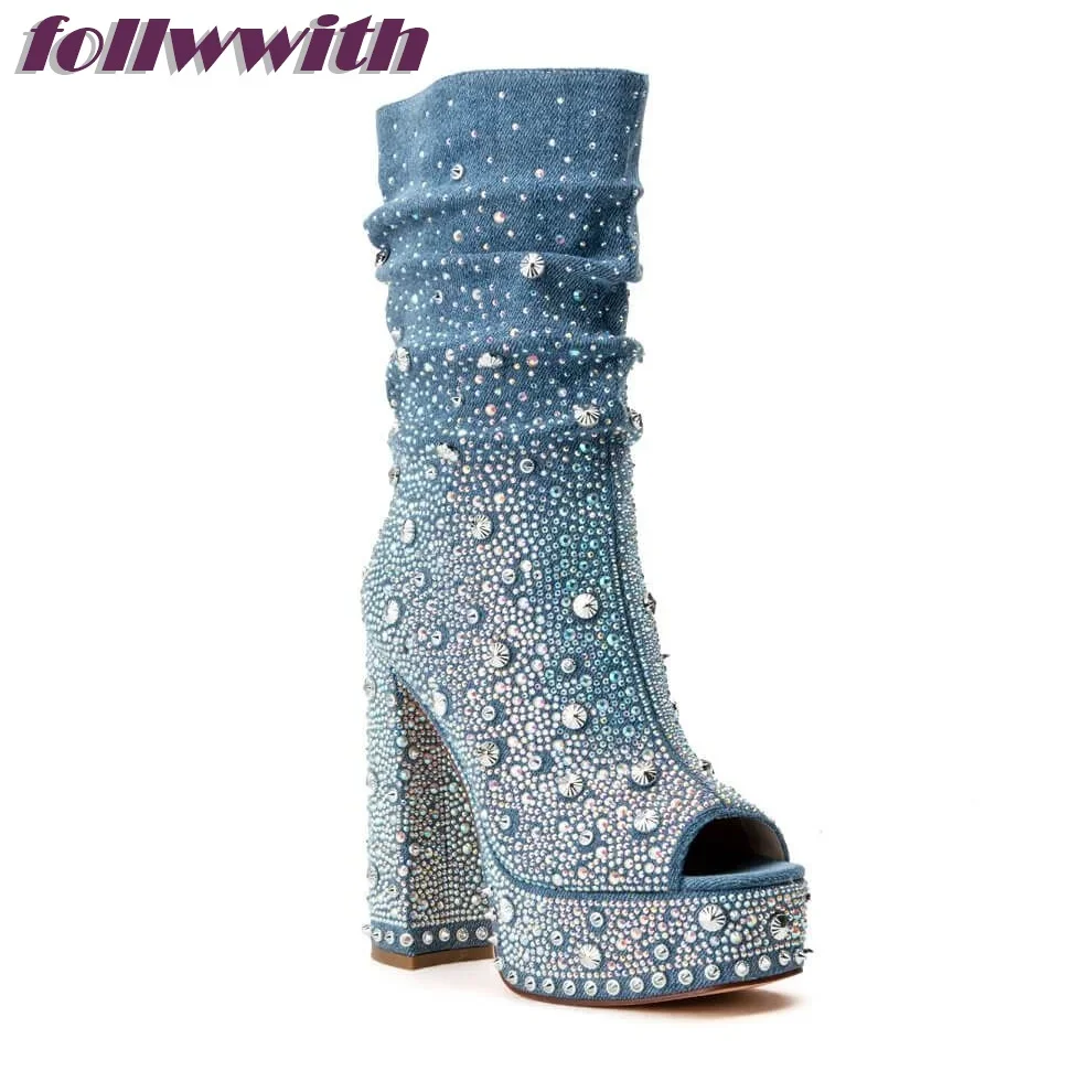 Bling Rivet Dekoration Denim Square Heel Peep Toe Pumps Plattform Super High Fashion Modern 2025, heißer Verkauf, neue Ankunftsschuhe