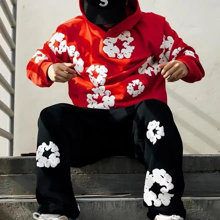 Fashion Flower New Mens Womens Same Foam Kapok Printing Long-sleeved Fleece Hooded Sweater Casual Loose Sweatpants Set