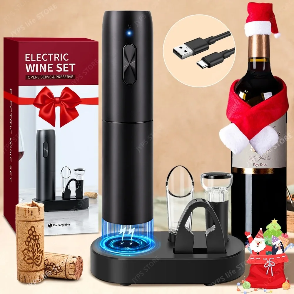 5 In1 Electric Wine Opener Set with Charging Base Automatic Corkscrew with Aerator Pourer and Foil Cutter for Kitchen Party Gift