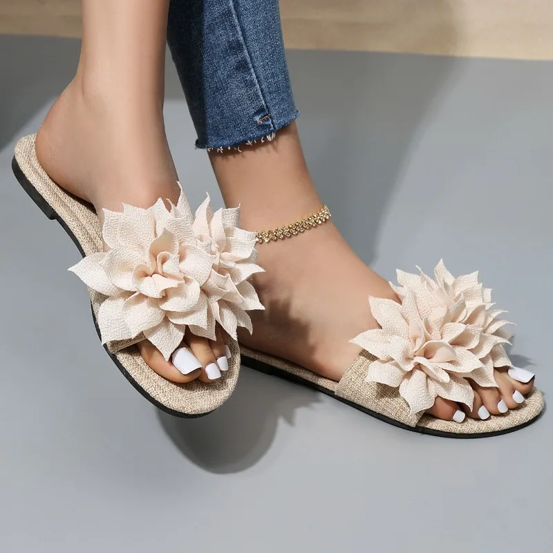 Summer Plus Size42 Women\'s Slippers Korean Style Fashion Outer Slippers Elegant Flower Ladies Flat Slippers Chaussure Femme