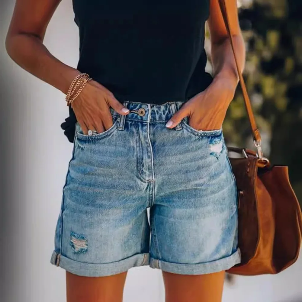 New Womens High Waisted Distressed Denim Shorts 3