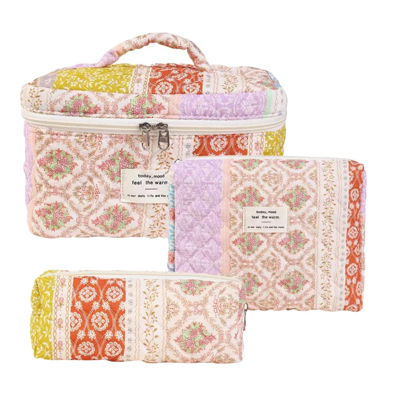 

3 Pcs Cotton Makeup Bag Set Floral Cotton Cosmetic Bag Aesthetic Women's Large Capacity Toiletry Organizer