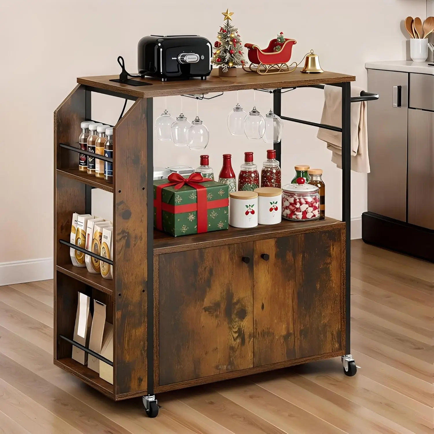 

36-Inch Mobile Kitchen Cart with Power Outlet, Open Shelves, and Wheels for Storage in Brown