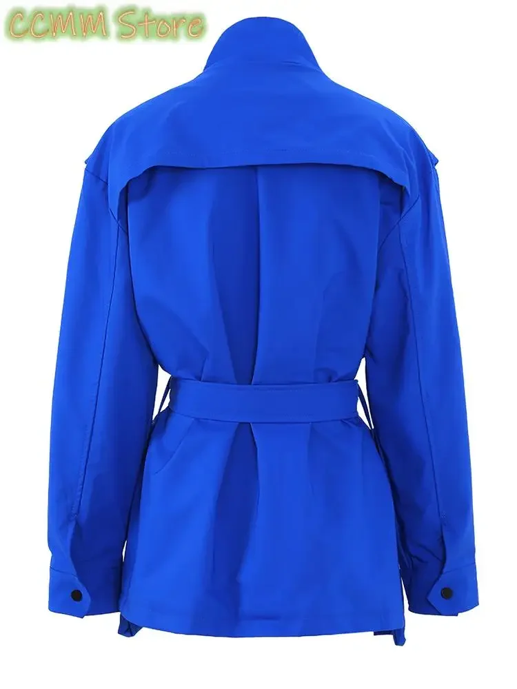 Women Beige Belted Big Size Casual Trench New Stand Collar Long Sleeve Loose Windbreaker Fashion Tide Spring Autumn