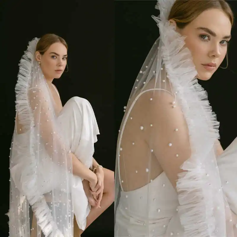 

Современная свадебная фата со складками и жемчугом, однослойная длинная фата длиной до часовни с расческой, вуаль невесты по индивидуальному заказу velo de novia