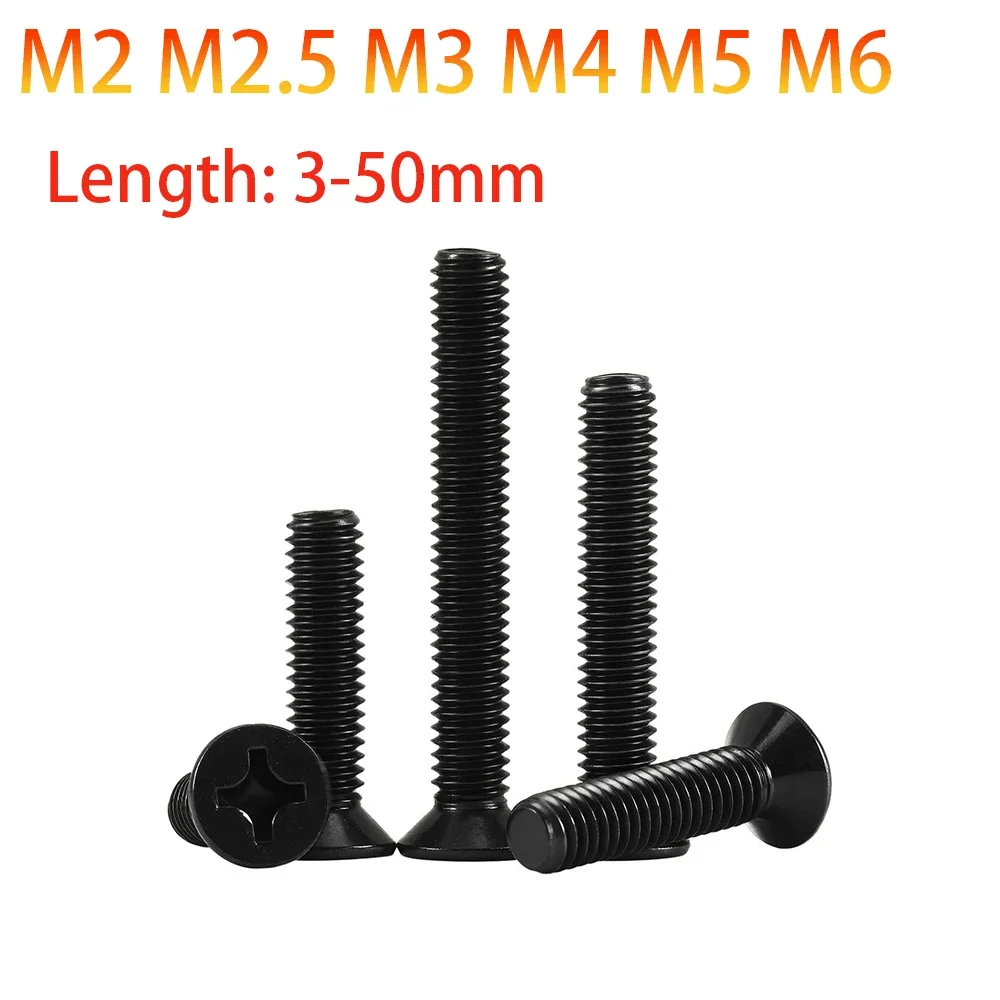 5-150pcs Black 304 Stainless Steel Phillips Flat Countersunk Head Bolt Screw M2 M2.5 M3 M4 M5 M6 Length 3/4/5/6/8/10/12/16-50mm