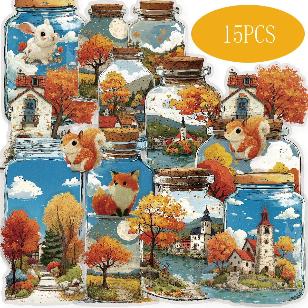 Etori Life Autumn Vibes Vintage Bottle Mid-Autumn Season Scenery Pattern Aufkleber für Scrapbooking-Zubehör, Notizbücher, Telefonaufkleber, Fotoalben, Raumdekoration, Backsiegel, Studentenbriefpapier,