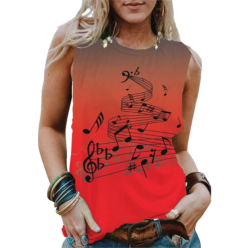 Musical Notes 3D Print Tank Tops Women's Beachwear Casual O-Neck Vest Off Shoulder Y2k Sleeveless Camisole Female Tops Clothing