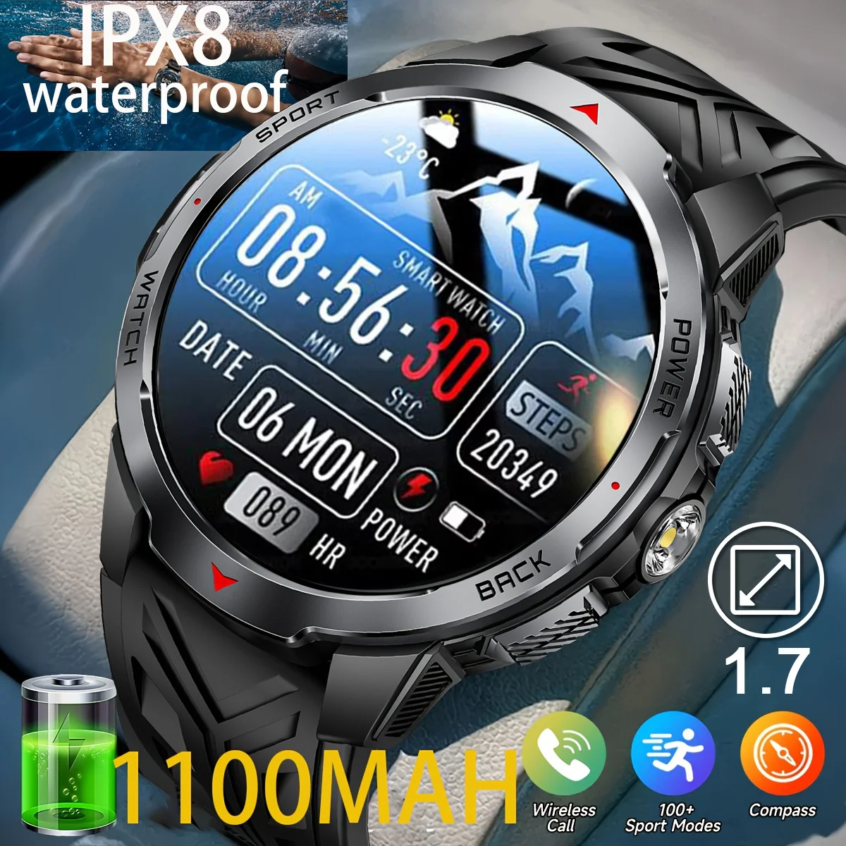 Reloj inteligente militar para exteriores con batería de gran capacidad de 1100mAh, pantalla de 1,7 pulgadas, brújula, llamada Bluetooth, reloj inteligente resistente al agua 3ATM