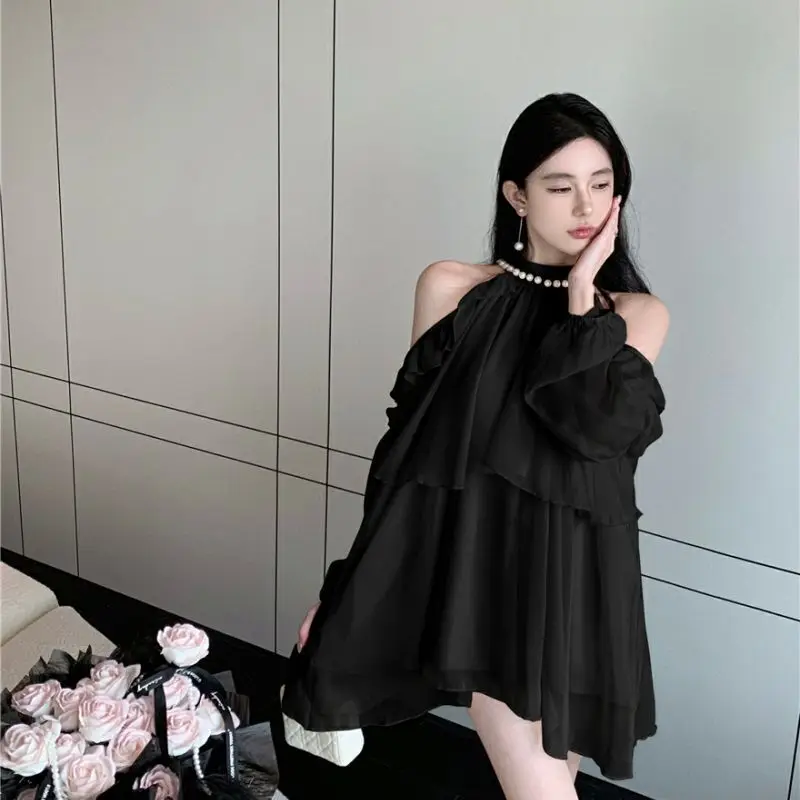 Summer New Chiffon Loose Off Shoulder Ruffles Shirt Tops Long Sleeve Solid Temperament Blouse Elegant Fashion Women Clothing