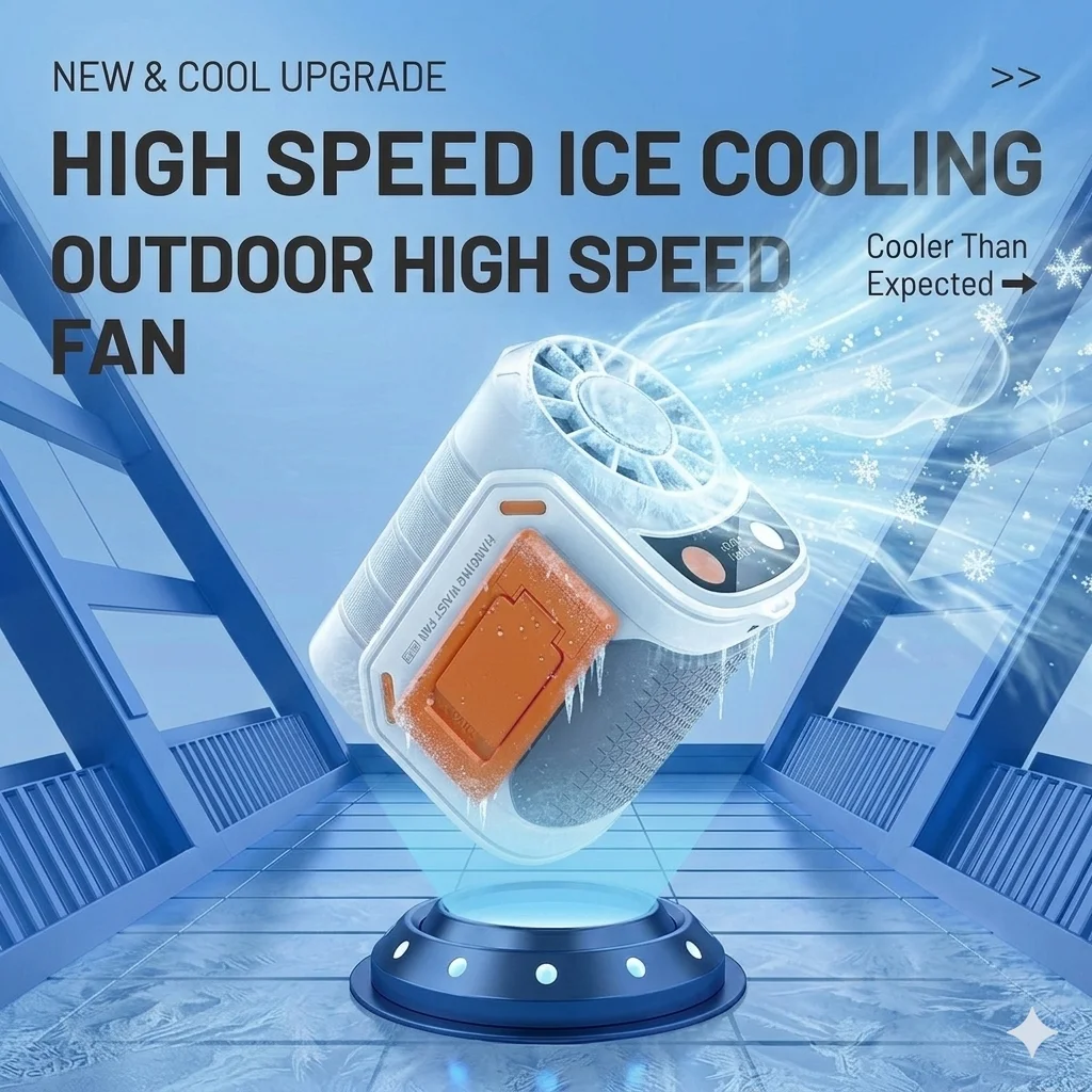 Cold Compress Portable waist-mounted fan with rechargeable battery, adjustable wind speed. Suitable for outdoor construction