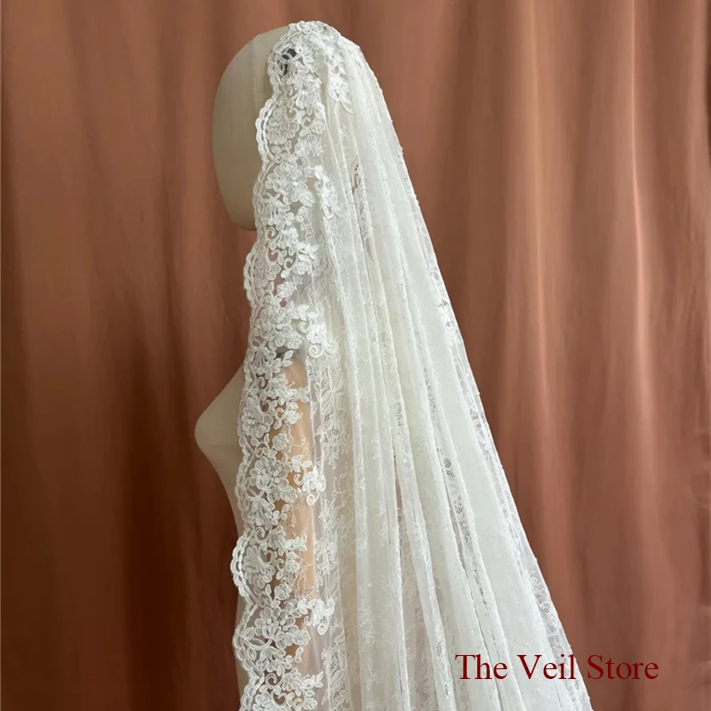 

3 M Wide Mantilla Wedding Bridal Veils Lace With Bone Trim Accessories Chantilly Catholic For Brides Vintage Elegant Floral Long