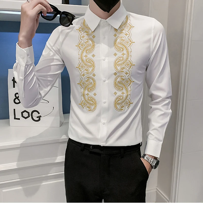 Luxury Noble Style Embroidery Shirts For Men Business Formal Long Sleeve Male Social Print Shirt Asian Korean Plus Size Clothes