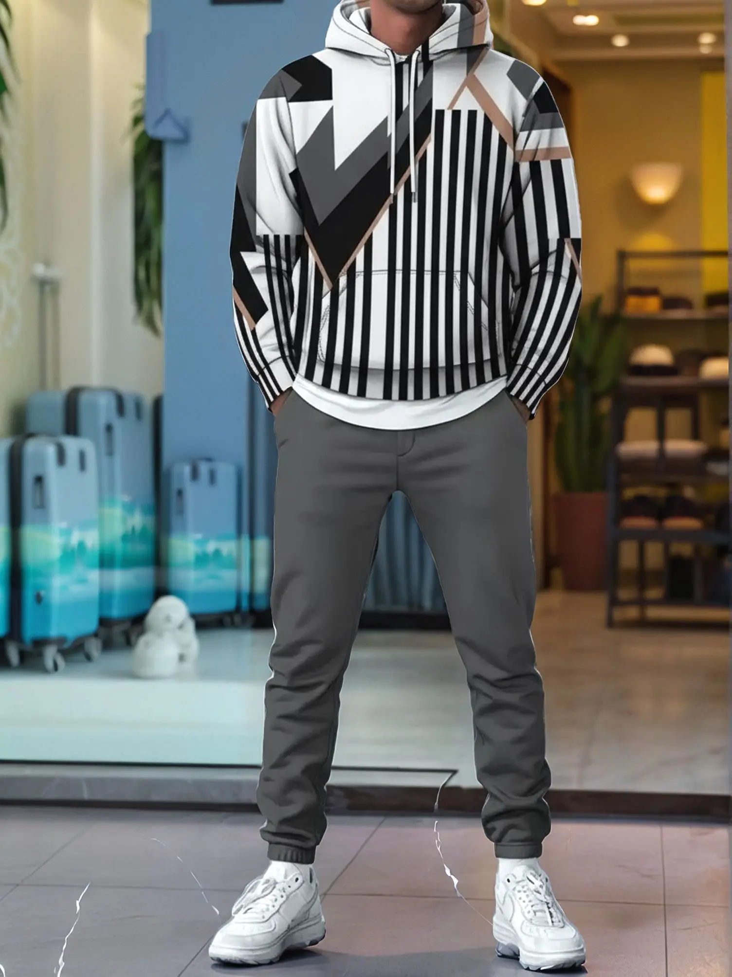 

Men's 2025 Autumn Winter Hooded Casual Sweatshirt Pants Set Irregular Patterned Streetwear Sporty Comfortable Gift Idea for Him