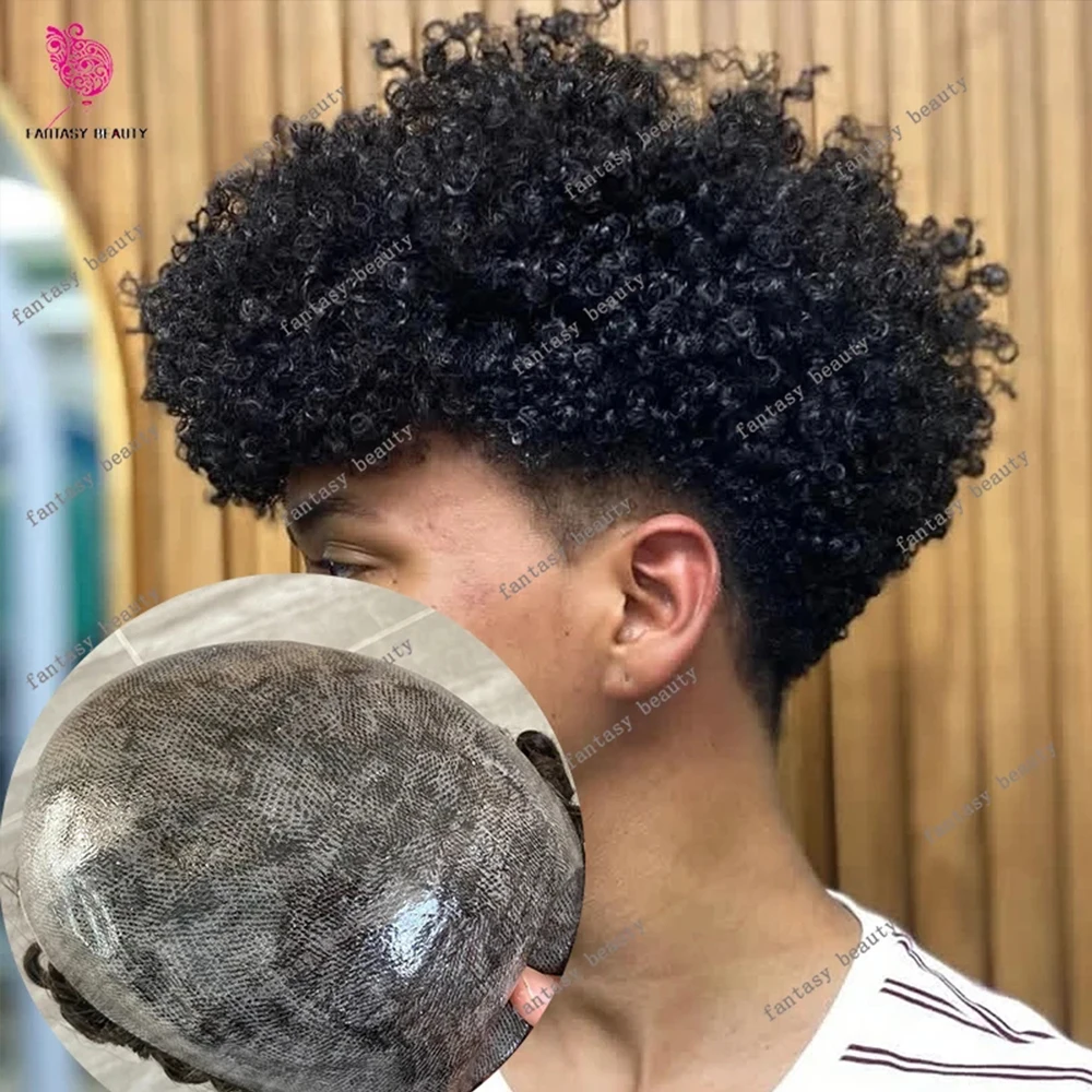 

8mm 10mm Curly Afro Men's Toupee 100% Human Hair Invisible Skin Pu Prosthesis Black Brown Hair Replacement System for Male Hair