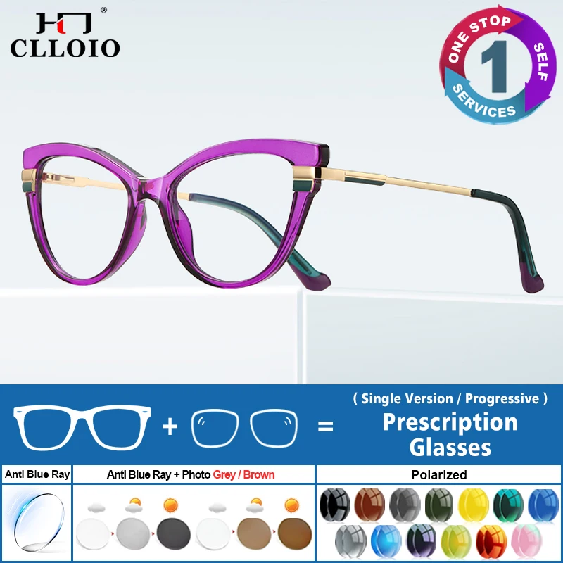 

CLLOIO Fashion Lady Cat's Eye Prescription Glasses Myopia/Hyperopia/Progressive Eyewear Anti Blue Light Photochromic Eyeglasses