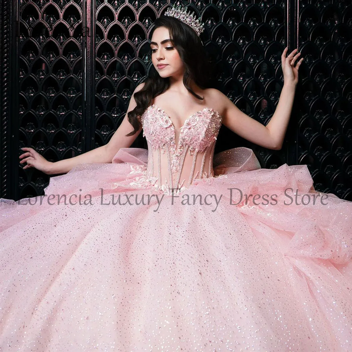 Sparkly Mexican 2024 Quinceanera Dress Formal Sweet 16 Ball Gown 3D Flowers Applique Pink Sleeveless Vestidos De XV Anos