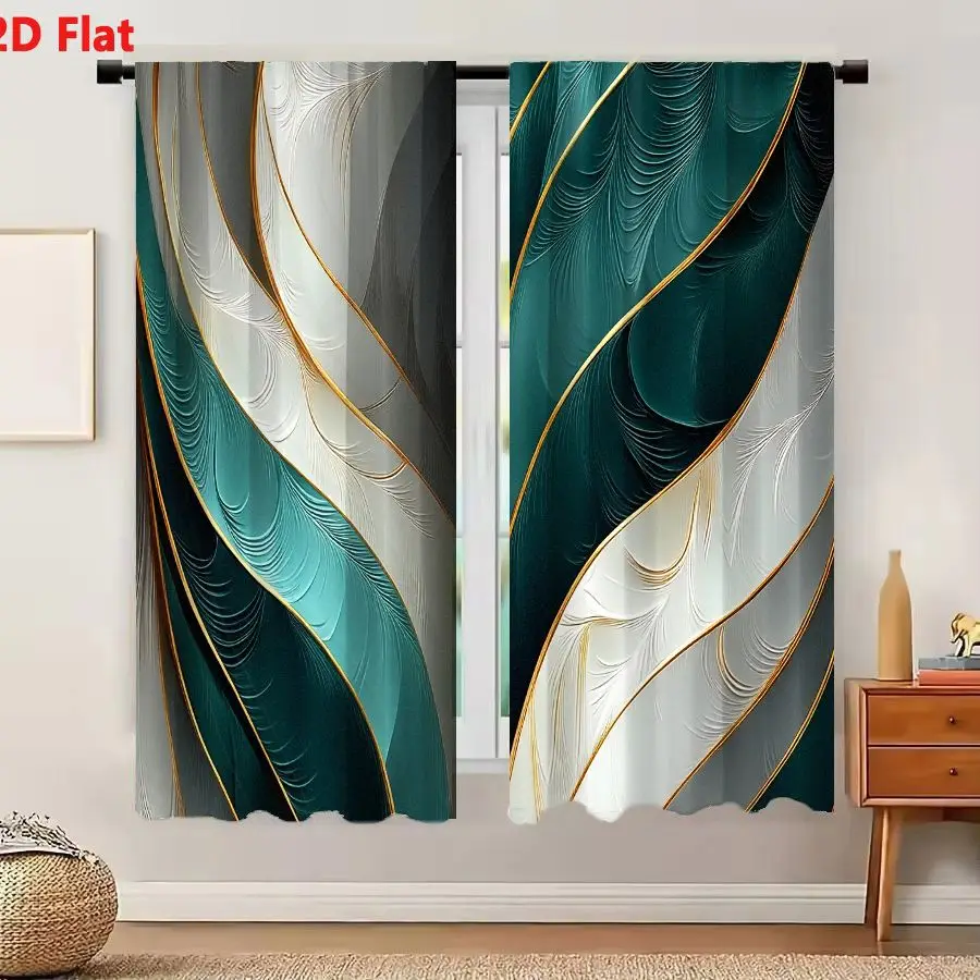 2Pcs Curtains 2D Flat Abstract Luxurious Teal Emerald Green Gold Ribbon Pattern Modern Elegant Wallpaper Design Window Drapes fo