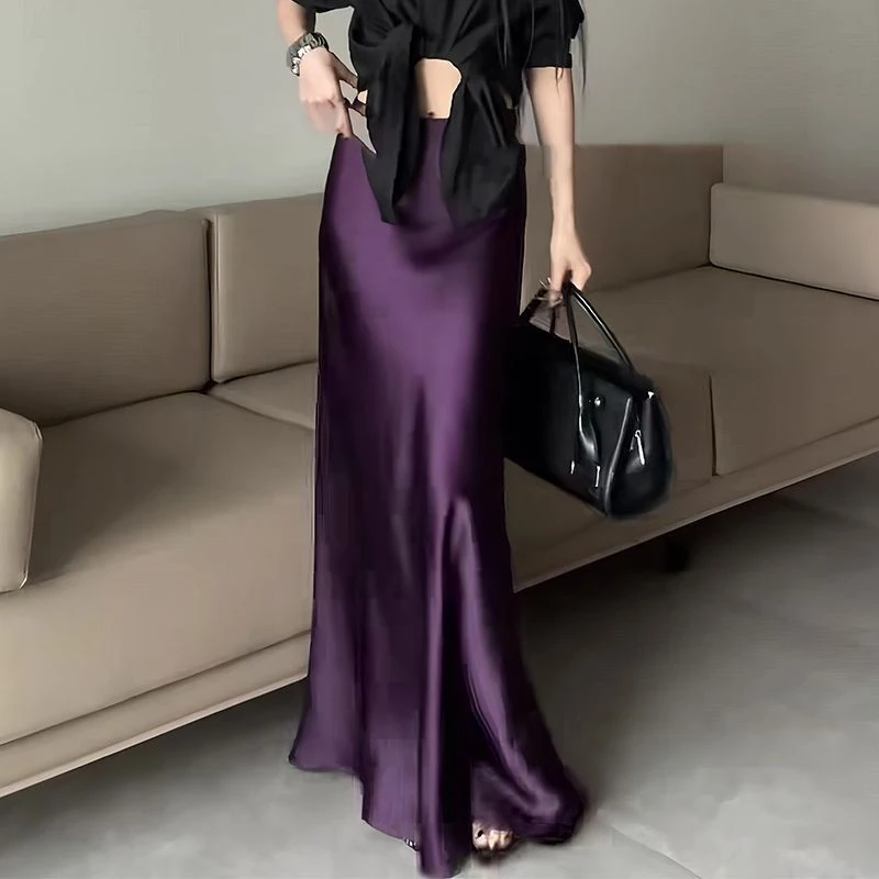 Wrapped Hip Fish Tail Skirt High-end Acetate Midi Skirts Autumn Winter Elegant Purple Party Half Skirt Versatile