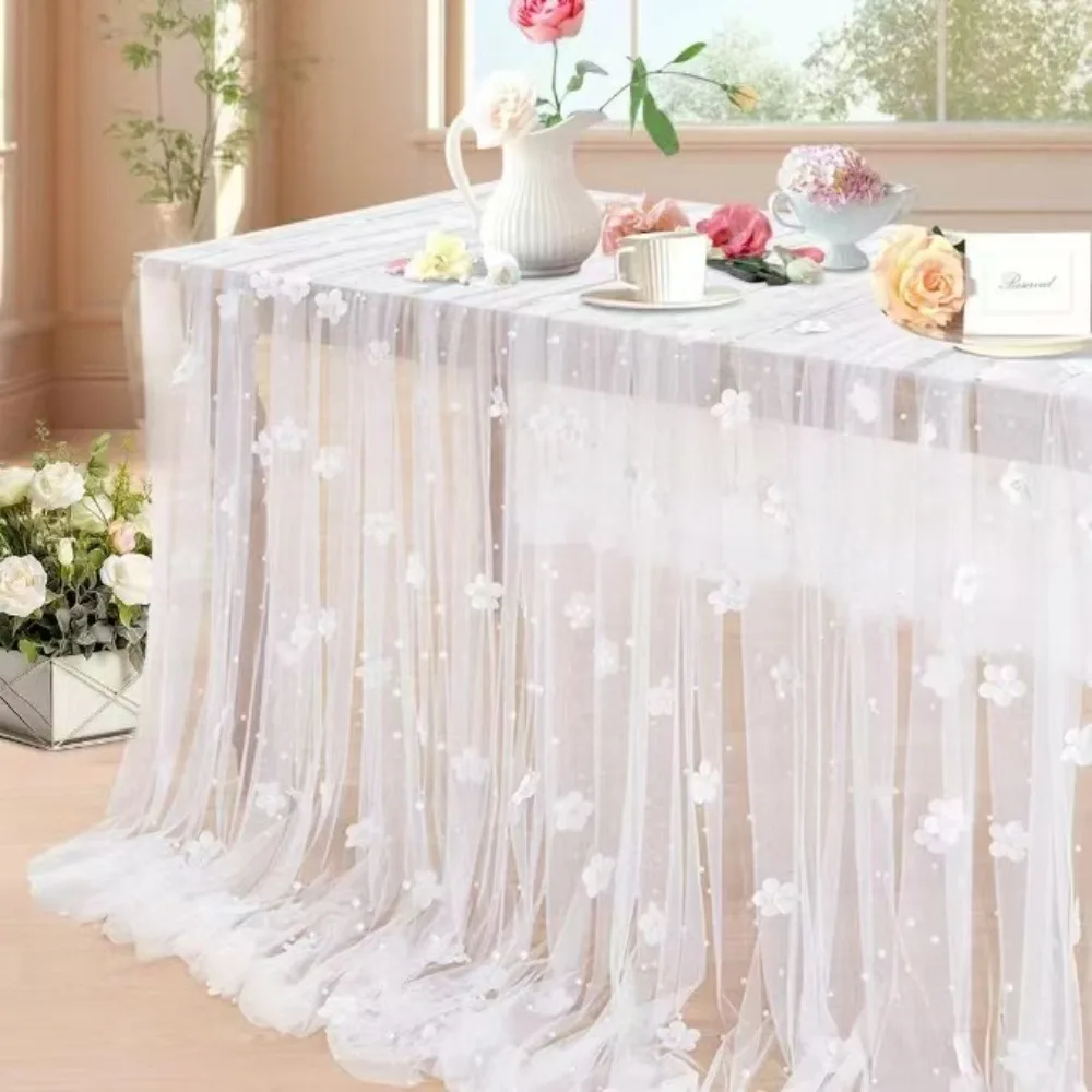 Elegant Flower Pearl Tablecloth Romantic Pearl Embellishments Tulle Fabric Tablecloth Decorative Semi-Transparent Table Runner