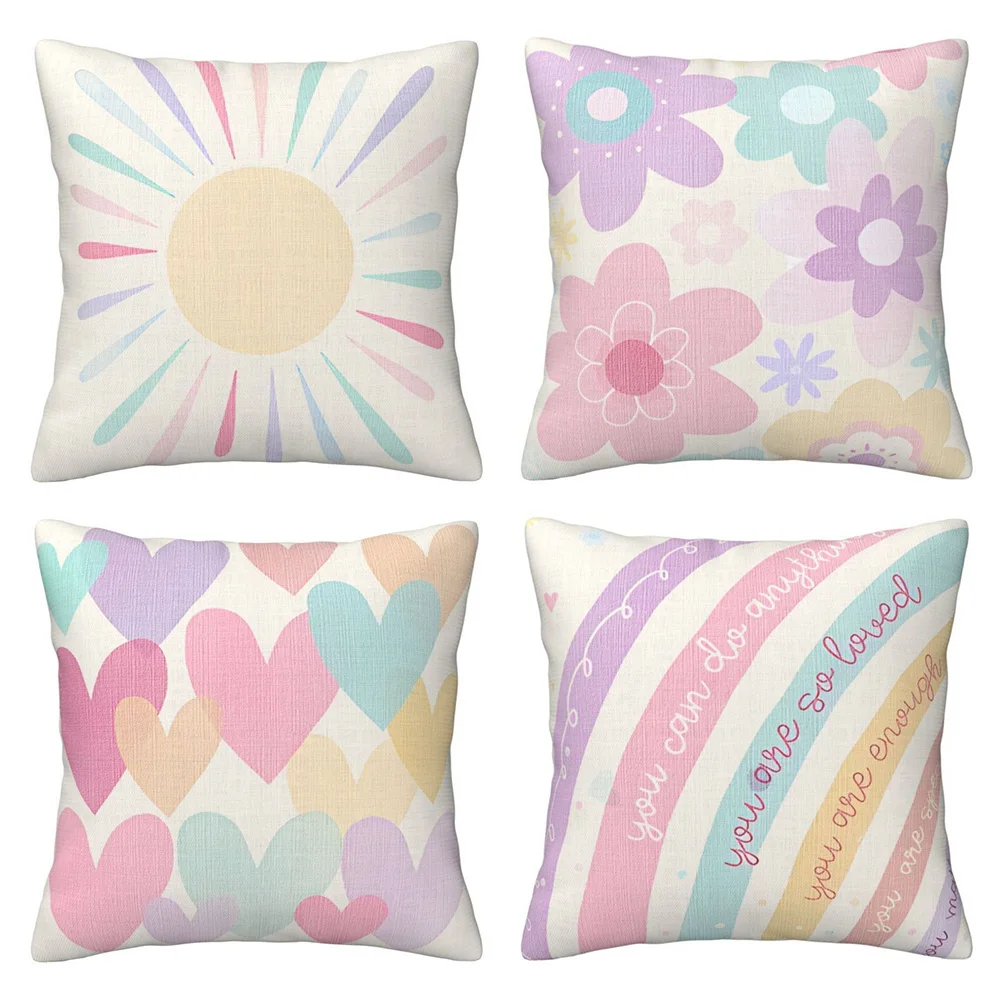 1PC 2D Flat Boho Pastel Sunshine Flower Heart Rainbow Throw Pillow Covers for Bedroom Living Room Decor No Pillow Core